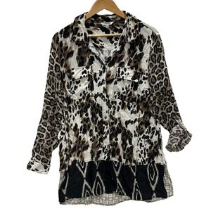 John Mark Womens XL Leopard Mixed Print Roll Tab Button Blouse Animal Print Boho
